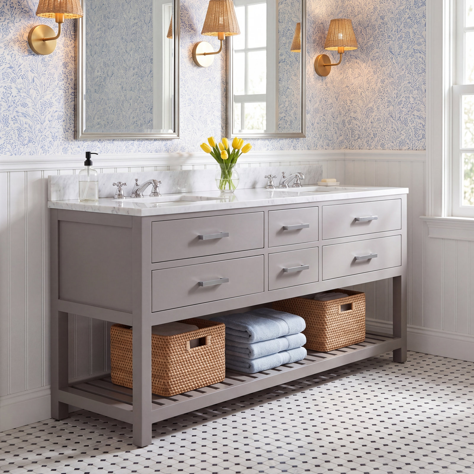 72 " Pine Double Bathroom Vanity, Cashmere Gray, 60"