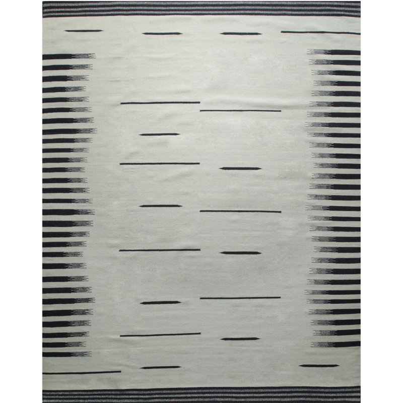 Tapis ivoire moderne à bordure géométrique en laine tissée à la main, 9 pi x 12 pi