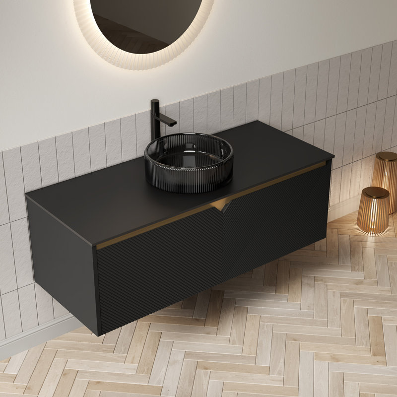 48" Bathroom Vanity With Sink, Wall-Mounted Floating Plywood Storage Cabinet, Twill Double Doors With Metal Trim, Transparent Black Round Glass Basin And Black Sintered Stone Top, Black