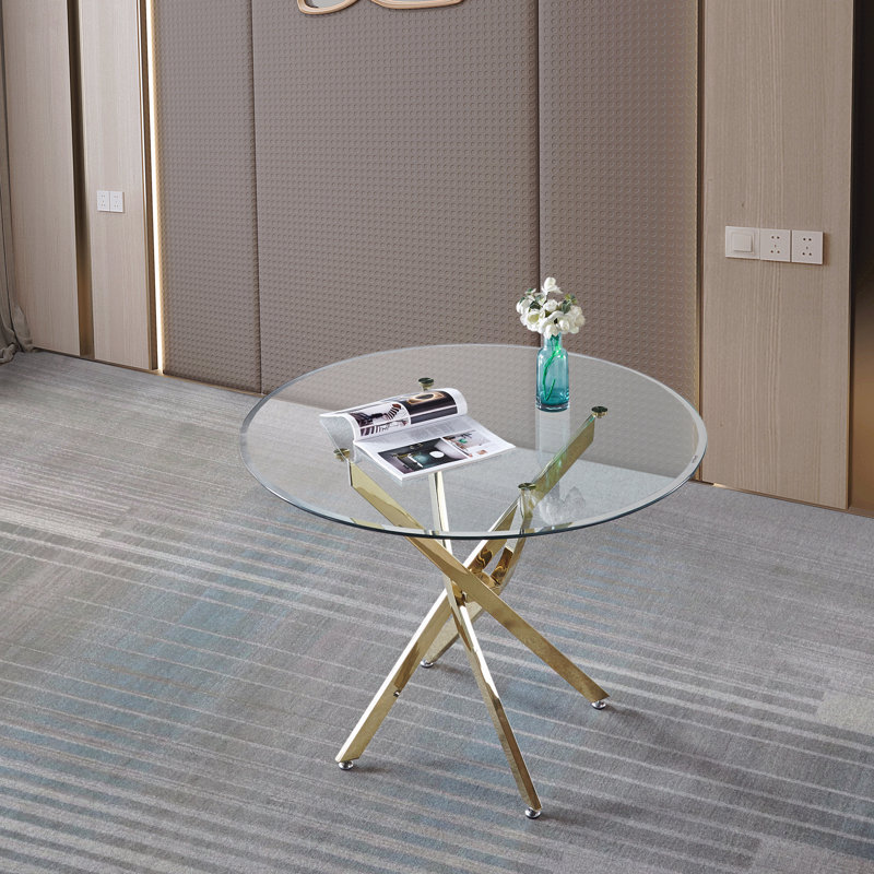 Contemporary Round Dining Table Clear Tempered Glass Top Gold Stainless Steel Legs