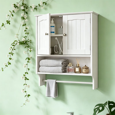 Wall Mounted Medicine Cabinet, White – 23"W x 27"H with Towel Bar & Open Partition for Laundry