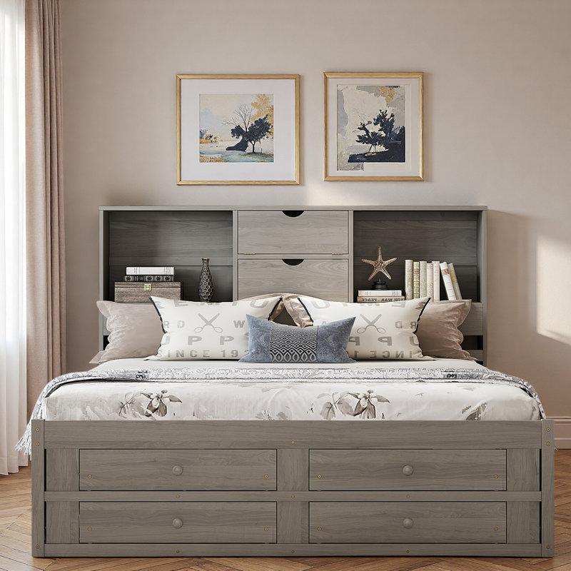 Lit plateforme avec tête de lit avec rangement et 8 tiroirs, gris, Très grand