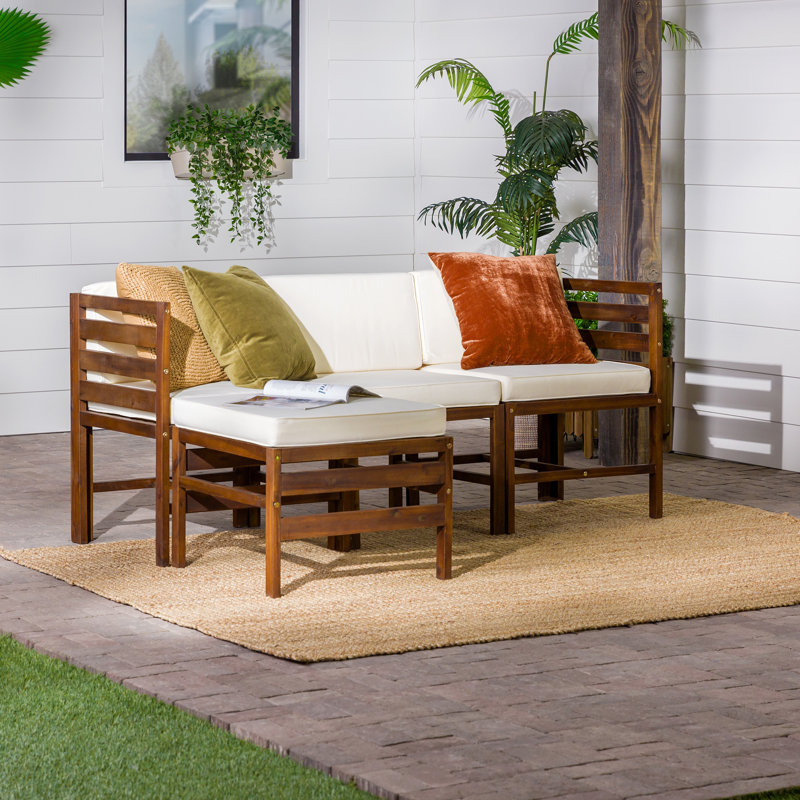 Acacia Solid Wood 3 - Person Patio Conversation Set with Cushions, Dark Brown Frame/Cream Cushion