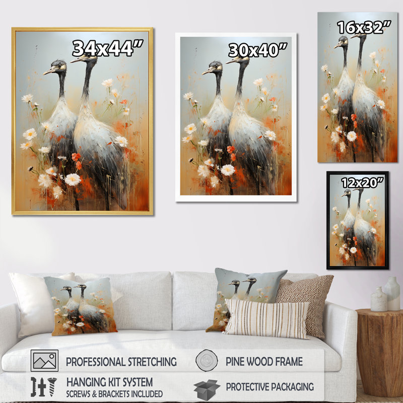 Couple d'autruches avec ombres gracieuses, H 32 po x l 16 po x P 1 po, Cadre simple noir