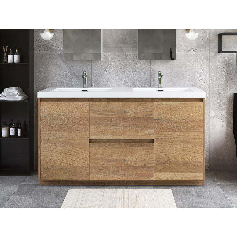 Meuble-lavabo autoportant à double cuve 59,06 po avec plateau en résine intégré, Brun