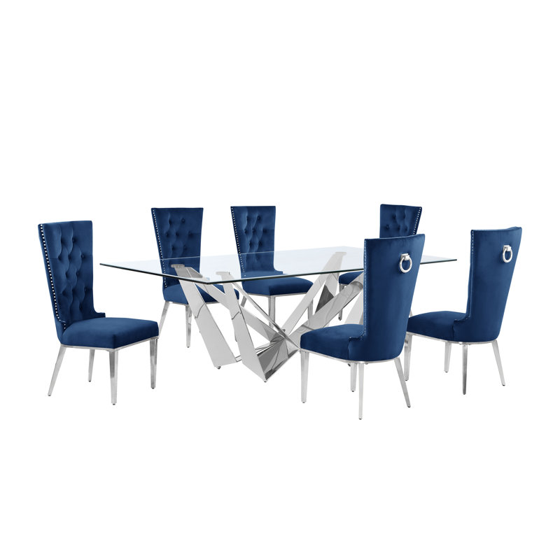 Ensemble de salle à manger rectangulaire L 94 po x l 46 po, 7, Bleu marin / Argent, Argent