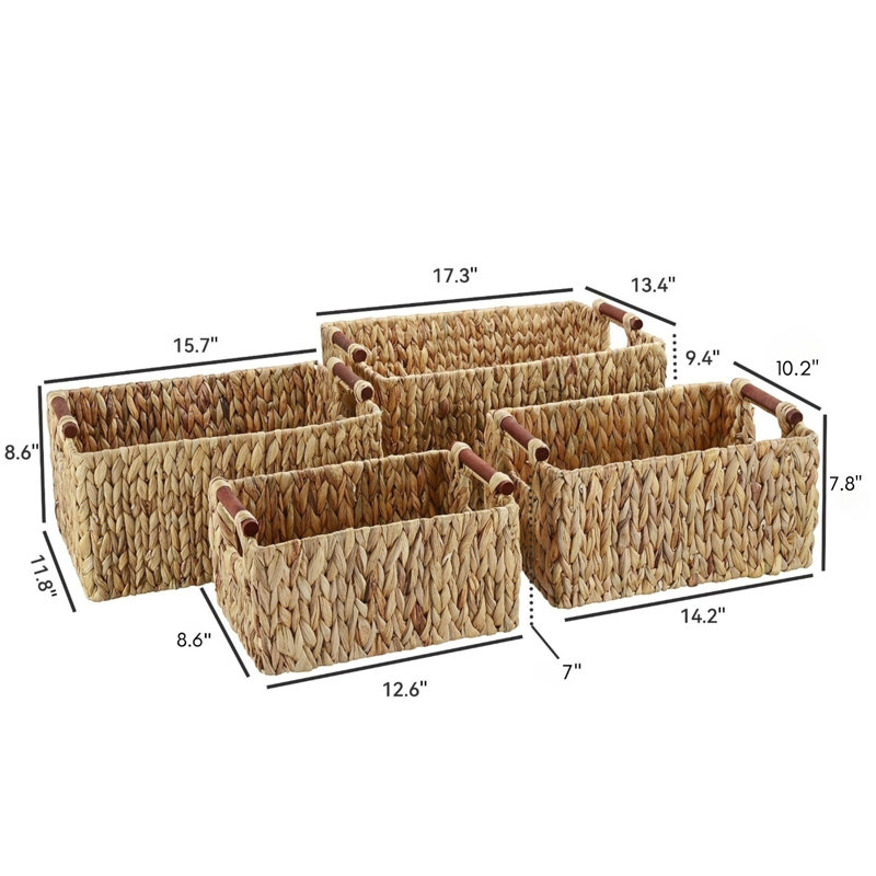 Handmade Water Hyacinth Storage Basket Set with Wood Handles (Set of 4)