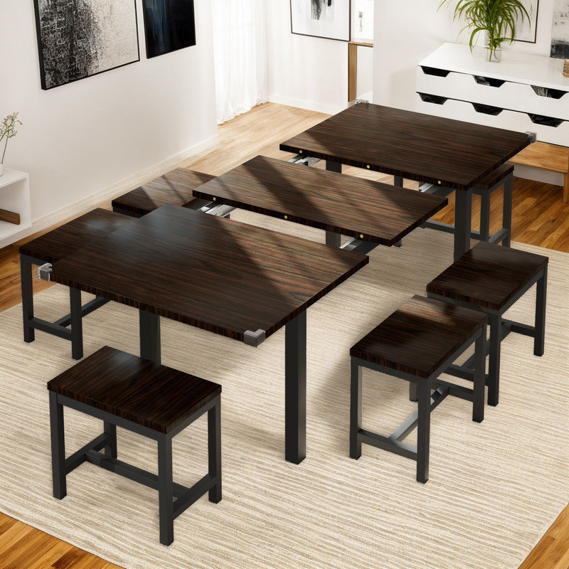 Ensemble de table de salle à manger, table extensible 7 pièces de 63 po pour 4 à 8 personnes, table de salle à manger de style Mid-Century avec 6 tabourets carrés