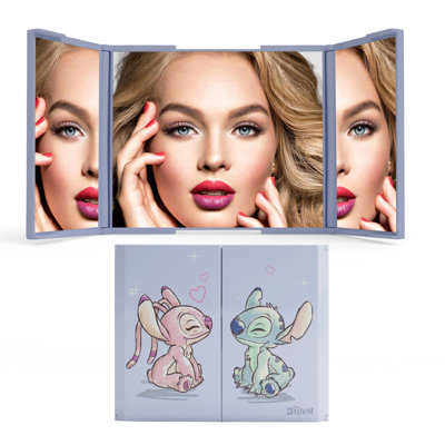 Stitch Nose Kiss Small Trifold Vanity Makeup Mirror With Flip Up Stand, Disney Stitch Artwork Dual Magnified Travel Mirror