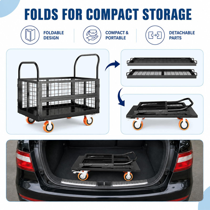 2000 Lbs 6-in-1 Foldable Platform Truck Cage, Heavy Duty Steel Flatbed Cart & Dolly, Black+Red, Noir