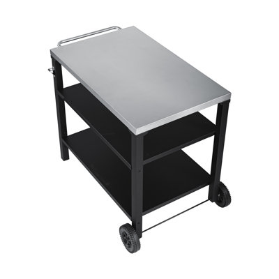 Chariot de barbecue extérieur à 3 niveaux avec plateau en acier inoxydable, table de préparation de barbecue mobile sur roulettes, barre de service pour la terrasse et la cour arrière, support de four à pizza en noir, construction, grand rangement, stable