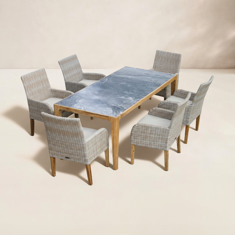 Akiva 7 Pc. Teak & Grey Sintered Stone Dining Table With Ash Wicker Dining Chairs