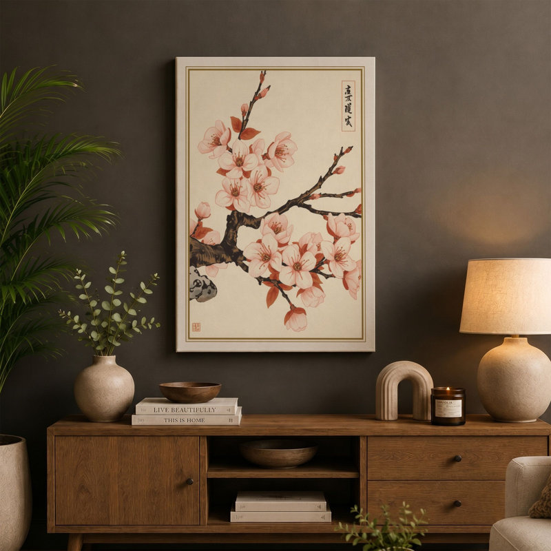 Moonlit Cherry Blossom Japandi - Wrapped Canvas, 18x12 - 45.7 x 30.5 cm, Sage Border