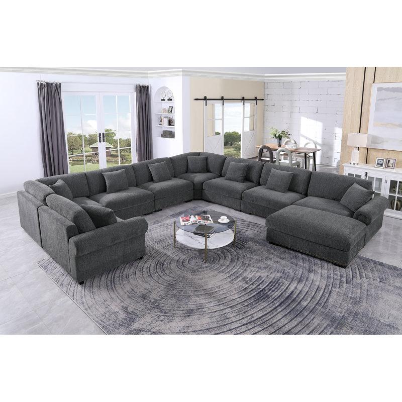 Modular Large 9 Seats Roller Arms Nailheads Cloud Couch Chenille Corner Sectional Sofa With Ottoman