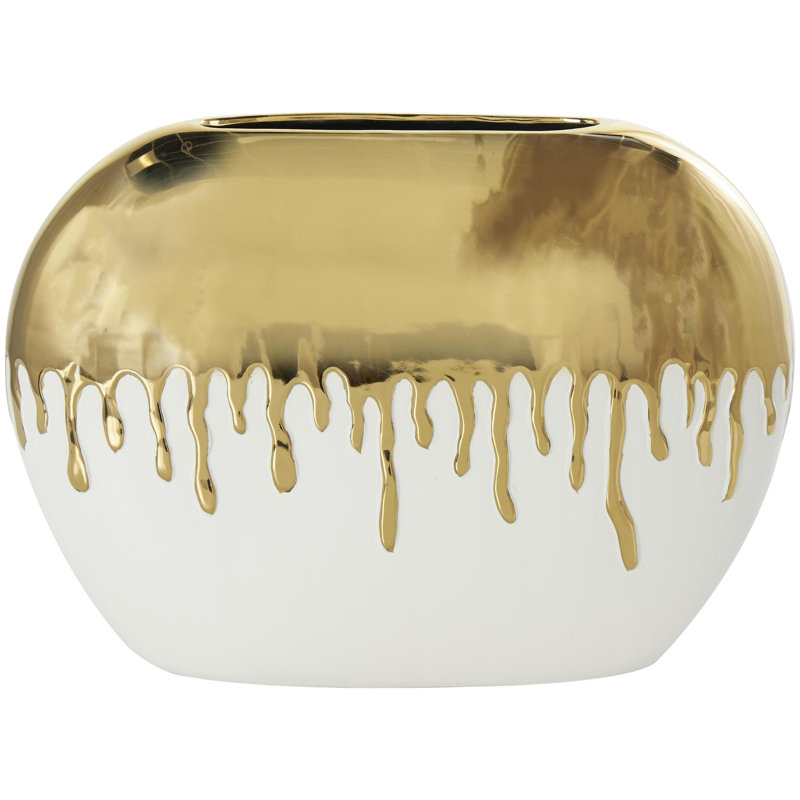 Marelin Ceramic Abstract Decorative Vase with Abstract Melting Drips, Gold/White
