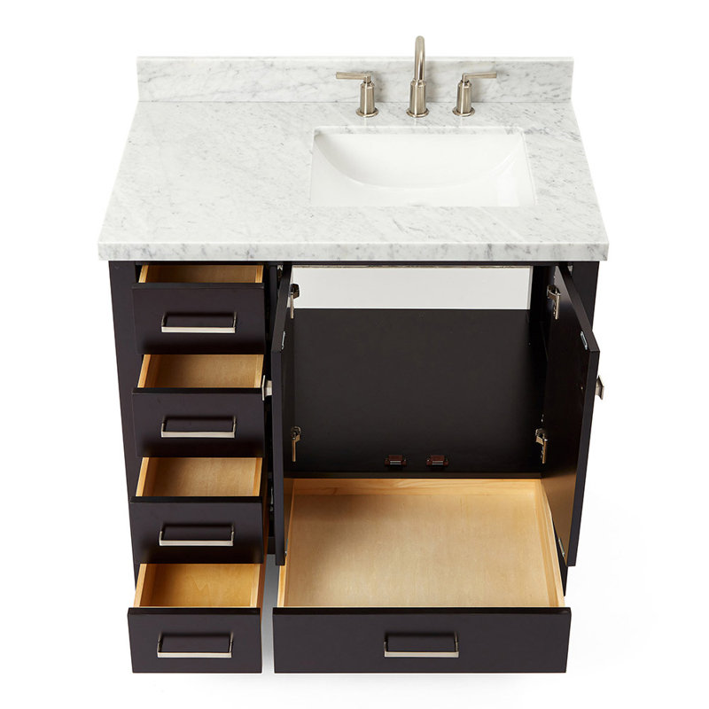 Cambridge 37'' W Single Vanity, Espresso, Carrara Marble, Brushed Nickel