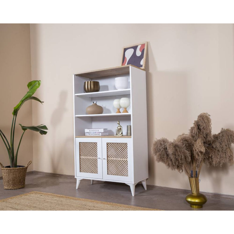 Modern Scandinavian Bookshelf with Soft-Close Doors, White & Oak, 35.4 x 62.2 x 16.1 inches | 100% MDF Body & Door Frame, 100% Pine Wood Door Decor | Wall-Mountable, Numerous Shelves for Stylish Storage