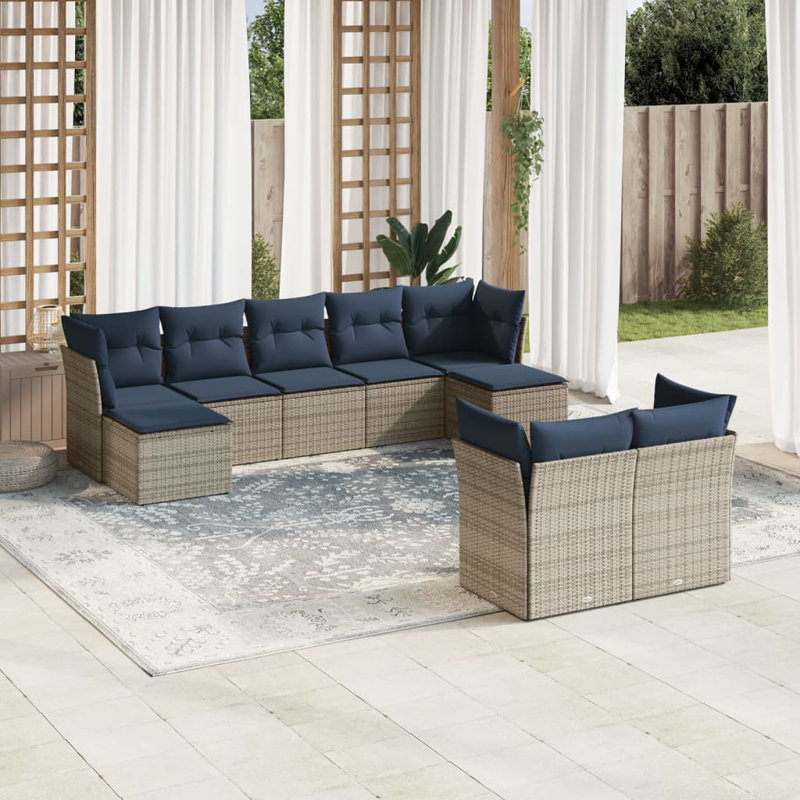 Ensemble de canapé de patio 9 pièces avec coussins en polyester noir Latitude Run®, Marine, Gris