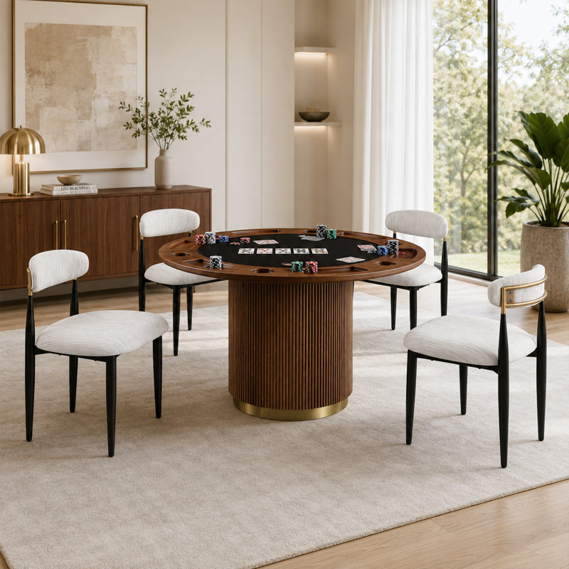 Ensemble de table de salle à manger 5 pièces de style contemporain avec 4 chaises rembourrées, table de poker ronde de 52 po avec porte-gobelets, base en roseau avec accents dorés, ensemble de jeu et de salle à manger convertible pour 4 joueurs