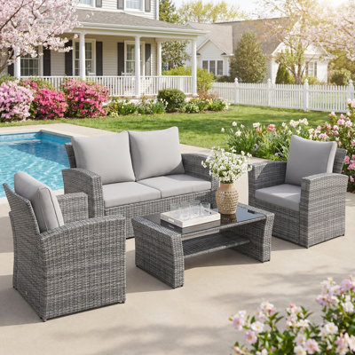 Arora 4-Person Wicker Outdoor Patio Set with Olefin Back&Seat Cushions