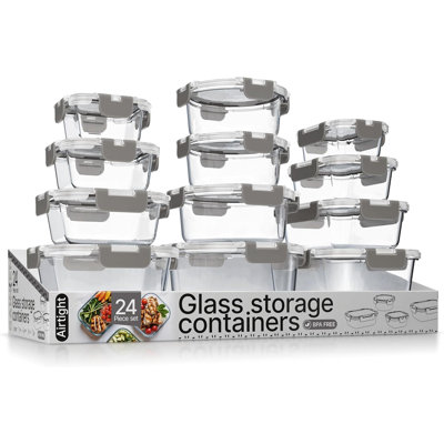 Bakken Borosilicate Glass Food Storage Containers With Lids 24 Pieces, Bpa-free Stackable Lunch & Leftover Containers, Microwave, Freezer & Dishwasher Safe, 100% Airtight Leak-proof, Grey