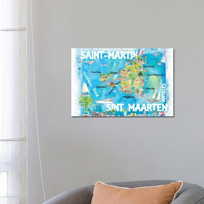 Saint-Martin Sint Maarten Antilles Illustrated Caribbean Map With Highlights Of West Indies Island Dream By Markus & Martina Bleichner - Wrapped Canvas Graphic Art by Markus & Martina Bleichner - Wrapped Canvas Gallery-Wrapped Canvas Giclée