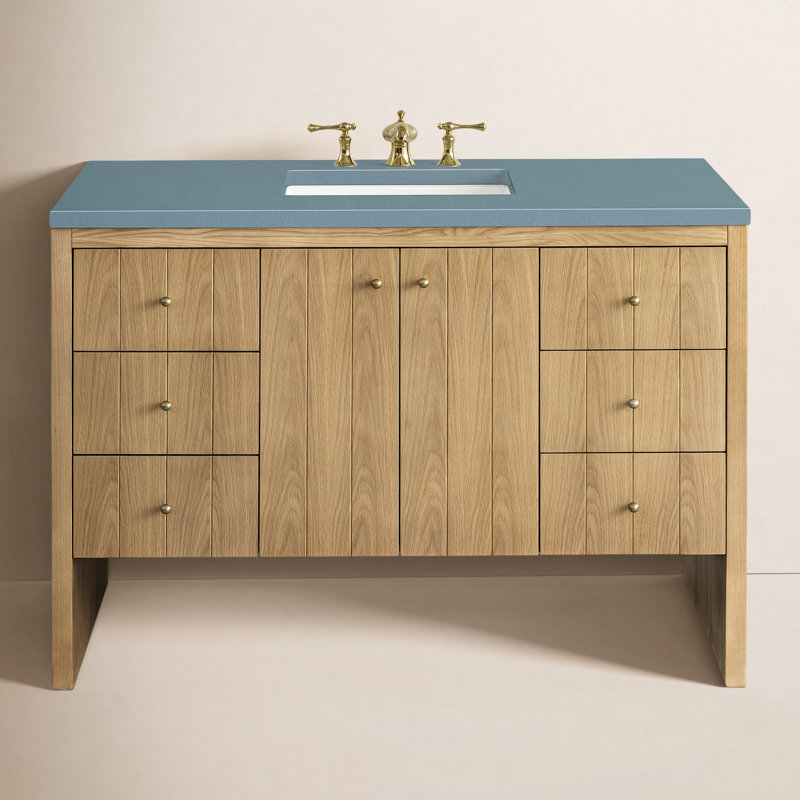 Hudson 48'' W Single Vanity, Cala Blue Quartz, 8" Widespread, Light Natural Oak