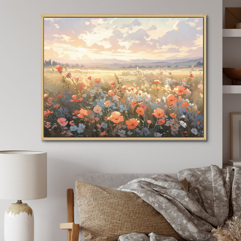 Corail, beige, prairie sauvage, art floral sur toile I, H 34 po x l 44 po x P 1,5 po, Cadre naturel flottant