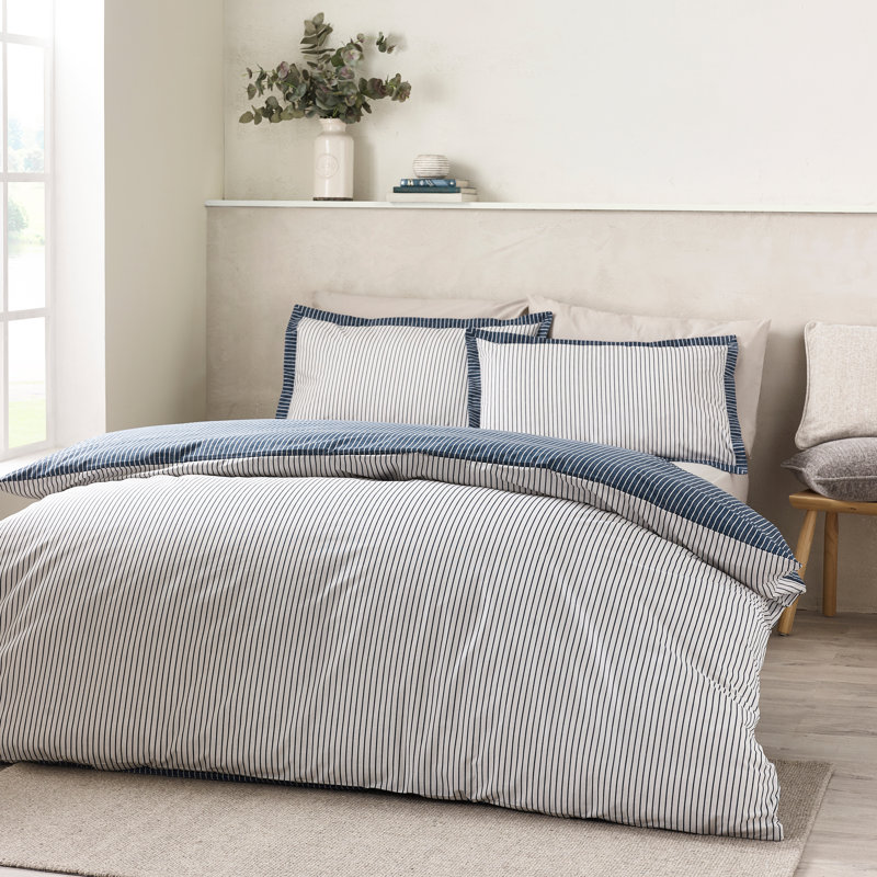 Oxford Pinstripe Reversible Duvet Cover Set, Navy, King Duvet Cover + 2 Standard Pillowcases