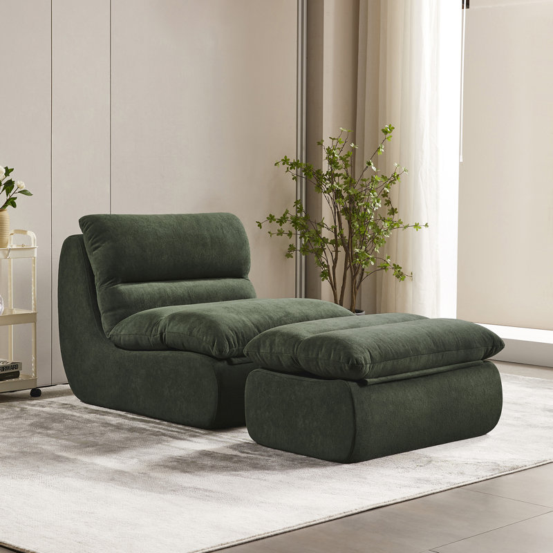 Armless Bean Bag Set With Ottoman (set Of 2), Green Polyester