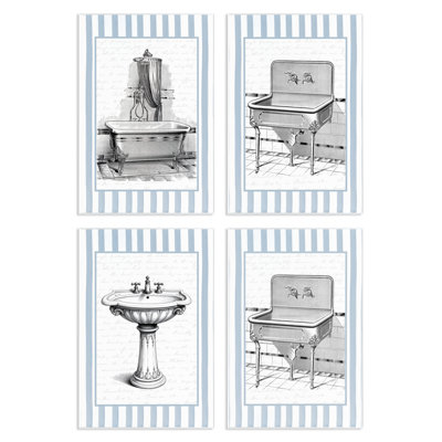 Ensemble de 4 plaques murales antiques à rayures bleues pour salle de bain, design par lettré et doublé