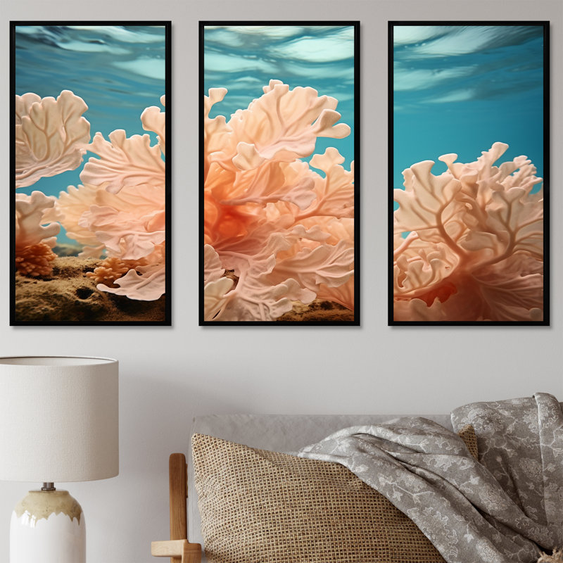 «Peach Coral Expression - Coastal Coral Under Water», ensemble d'art sur toile, Cadre flottant noir