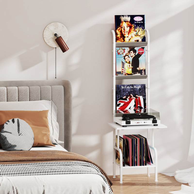 Support pour lecteur de disques à 5 niveaux avec étagère en vinyle, Gris / Blanc