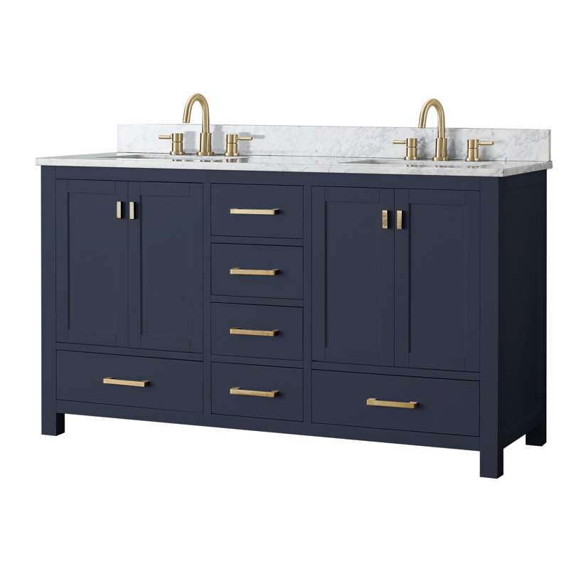 Souther 60" Double Bathroom Vanity with Top, Carrera White Marble, Navy Blue