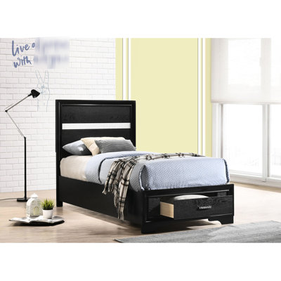 Lit simple à panneau noir avec tiroirs intégrés et garniture en cristal, plateforme à lattes, bois franc asiatique, longs tiroirs en stratifié de 78,52 pouces, garniture à paillettes sur poignées, bois massif