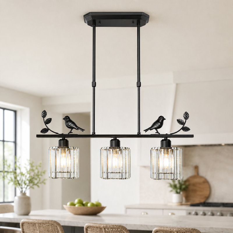 3 Light Dimmable Bird Shape Crystal Kitchen Pendant With Black Finsh