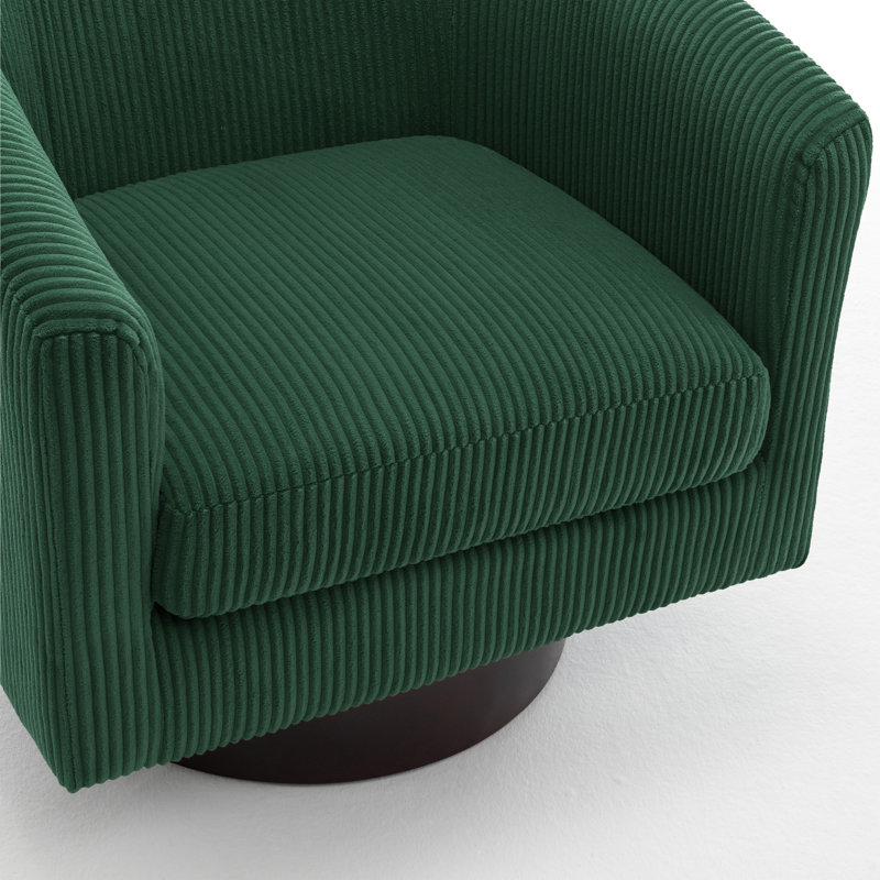 Fauteuil pivotant Frankie en velours côtelé vert foncé avec base en bois massif, Velours côtelé vert foncé