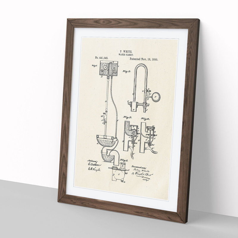 Toilet Water Closet Patent - Picture Frame Graphic Art, 90cm H x 65cm W x 2cm D, Walnut