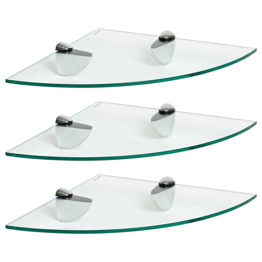 Harbour Housewares - Floating Glass Corner Shelves with Silver Brackets - Set of 3