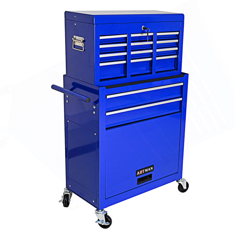 Coffre à outils roulant à grande capacité avec roulettes et tiroirs, armoire d'entrée, Bleu