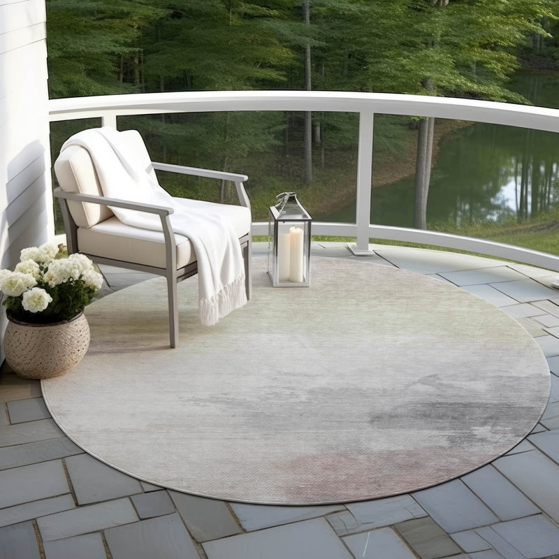 Round 8' Gray and Beige Synthetic Washable Rug