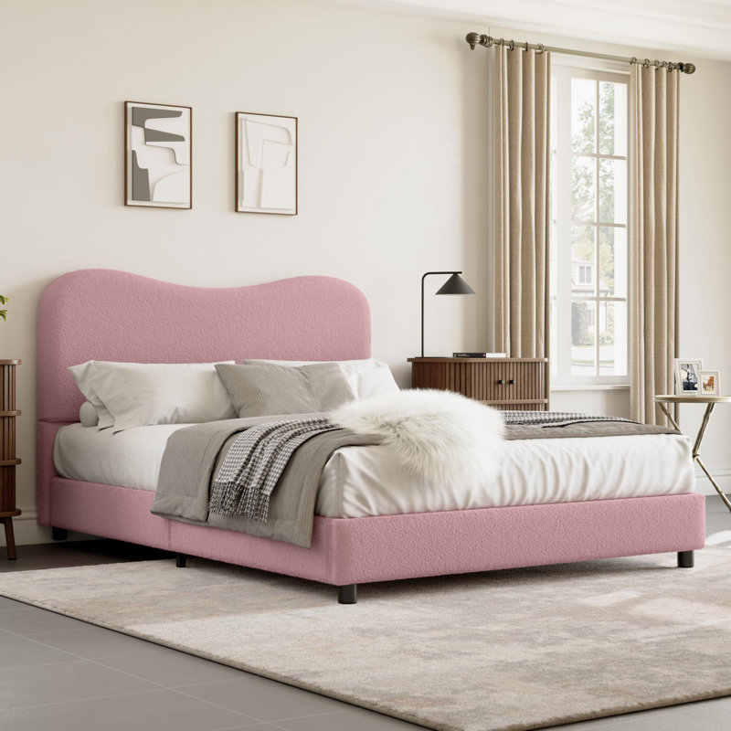 Full Kids Bed Frame with Upholstered Boucle Headboard, Soft Low Profile Platform for Girls & Boys, Pink