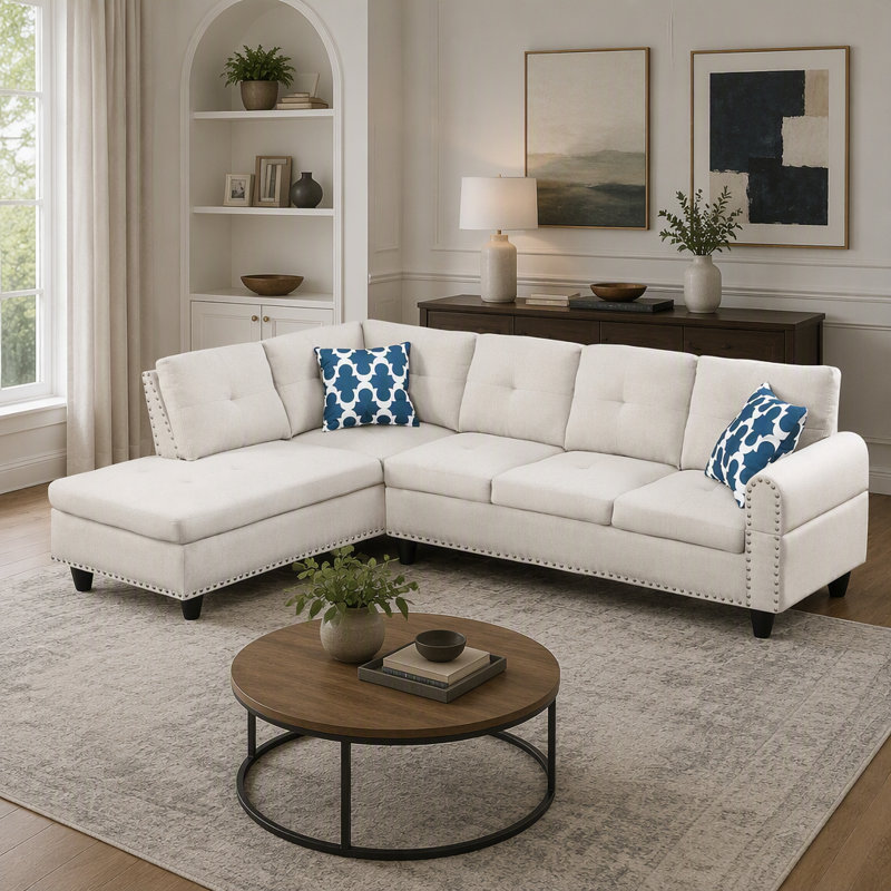 Canapé d'angle beige 2 pièces avec porte-gobelets et pouf de rangement, idéal pour des moments de détente et de divertissement.