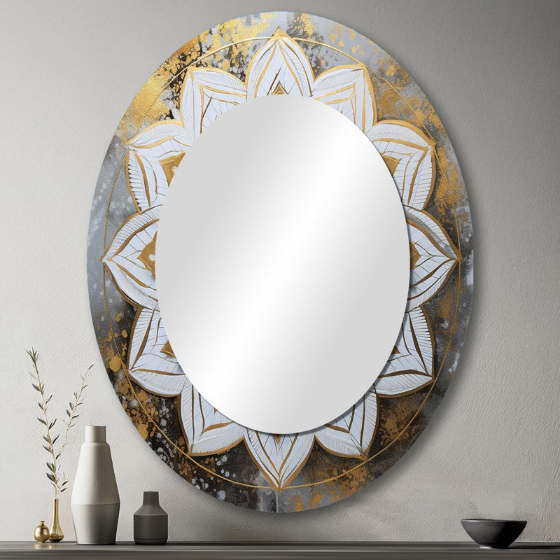 White And Gold Mandala V - White Bohemian Oval Wall Mirror, 43" x 33"