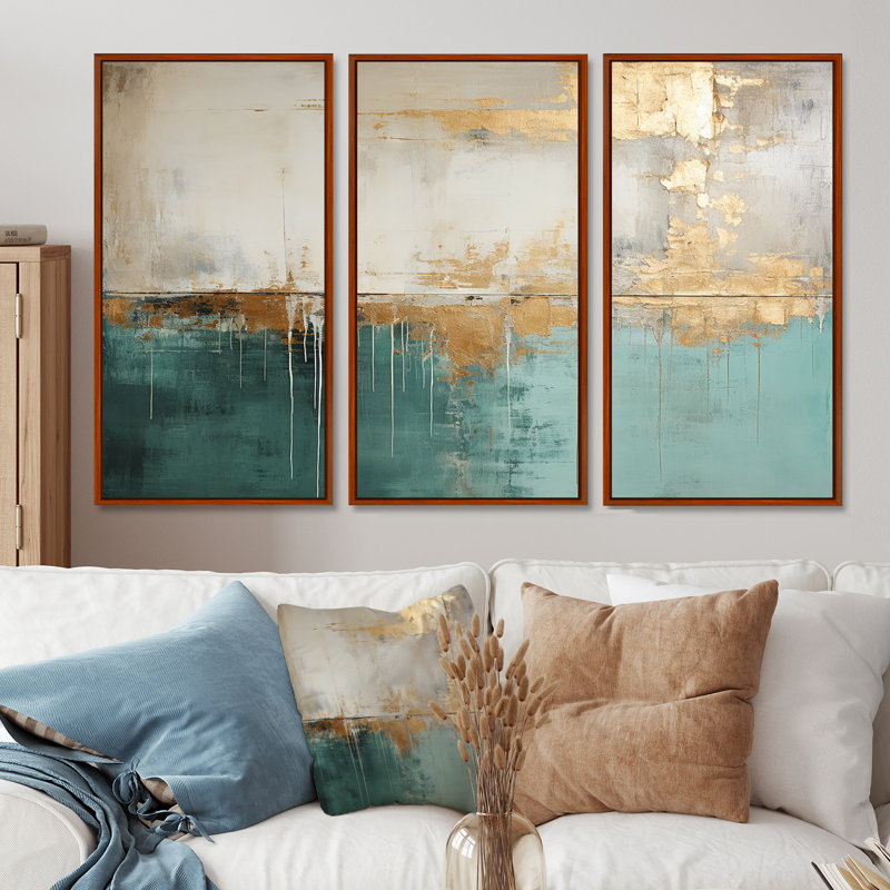 Minimalisme doré et bleu sarcelle horizon - ensemble de décorations murales abstraites, H 40 po x l 60 po x P 1 po