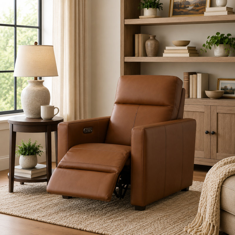 Broadway 34" Leather Power Club Recliner, Cinnamon Leather Match