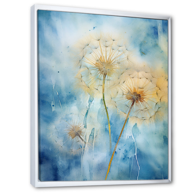 Rêves de pissenlit bleus sur toile, Cadre flottant blanc, 44" H x 34" W