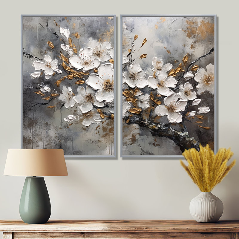 «White Grey Cherry Blossum Harmony I», reproductions d'art traditionnel sur toile, H 36 po x l 48 po, Argent argent