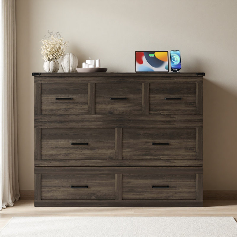 Armoire lit escamotable Murphy avec station de charge, lit plateforme pliable multifonctionnel avec 1 grand tiroir de rangement pour chambre d'amis, petite chambre