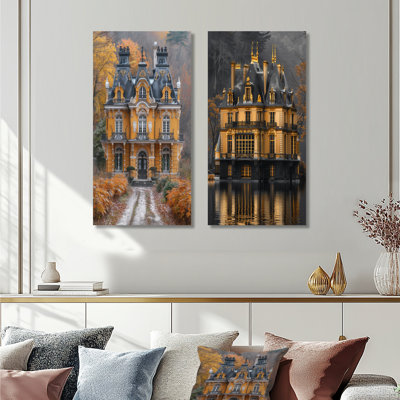 Orange Black Autumn Lavish Chateau in France I – French 2 Piece Metal Wall Decor Print